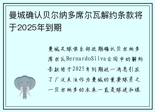 曼城确认贝尔纳多席尔瓦解约条款将于2025年到期 曼城确认贝尔纳多席尔瓦解约条款将于2025年到期