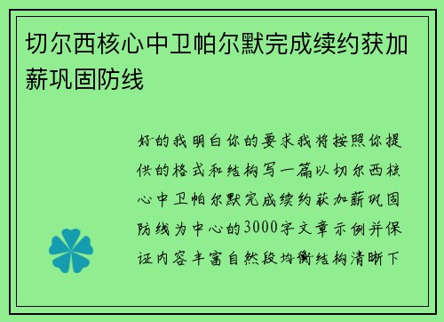 切尔西核心中卫帕尔默完成续约获加薪巩固防线 切尔西核心中卫帕尔默完成续约获加薪巩固防线
