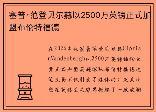 塞普·范登贝尔赫以2500万英镑正式加盟布伦特福德 塞普·范登贝尔赫以2500万英镑正式加盟布伦特福德