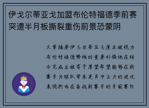 伊戈尔蒂亚戈加盟布伦特福德季前赛突遭半月板撕裂重伤前景恐蒙阴 伊戈尔蒂亚戈加盟布伦特福德季前赛突遭半月板撕裂重伤前景恐蒙阴
